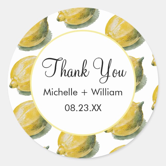 Adesivo Redondo Limão de Casamento por Aquarela Moderno sem Costur (Frente)