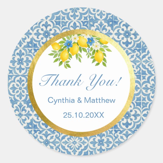 Adesivo Redondo Limão mediterrânico e Azulejo azul (Frente)