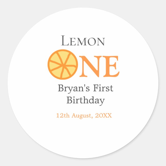 Adesivo Redondo Limão, uma cinza de laranja primeiro aniversario f (Frente)