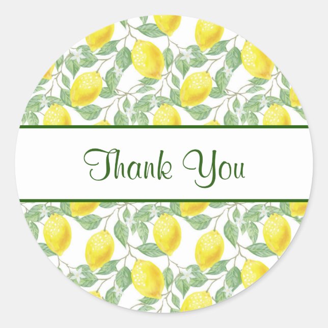 Adesivo Redondo Limões Amarelos com Padrão de Folhas Verdes Obriga (Frente)