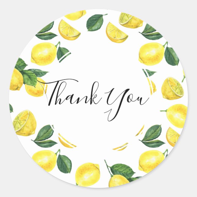 Adesivo Redondo Limões Amarelos Padrão de Fruta de Aquarela Obriga (Frente)