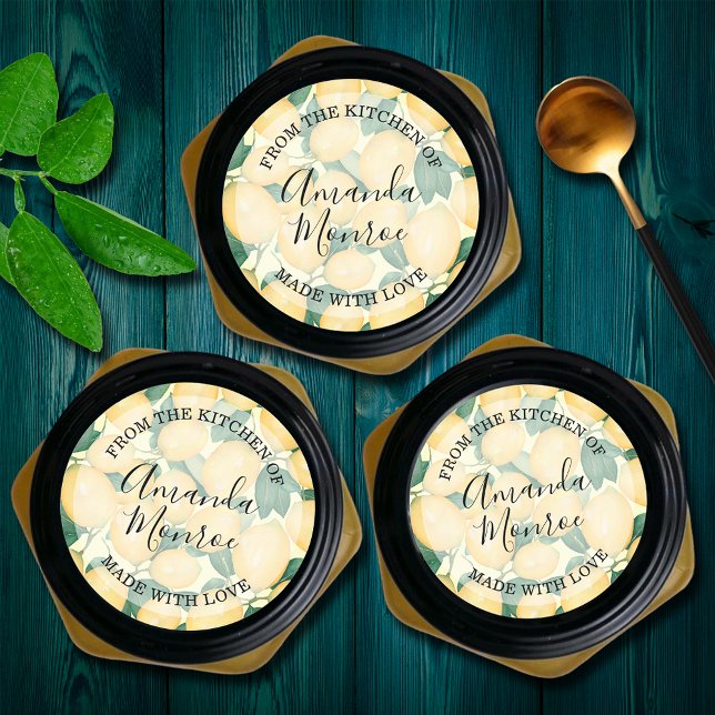 Adesivo Redondo Limões DA COZINHA (Lemons and leaves personalized From the Kitchen of" round stickers)