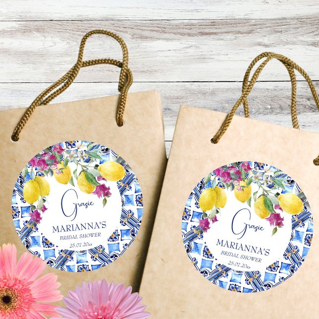 Adesivo Redondo Limões italianos bridal shower favor bougainvillea (That's Amore Vintage Italian tile lemons bougainvillea bridal shower thank you favor printed sticker)