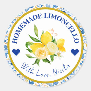 Adesivo Redondo Limoncello caseiro amarelo e azul aquarela