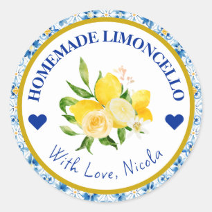 Adesivo Redondo Limoncello caseiro amarelo e azul aquarela