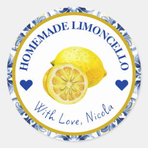 Adesivo Redondo Limoncello caseiro amarelo e azul aquarela