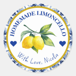 Adesivo Redondo Limoncello caseiro amarelo e azul aquarela