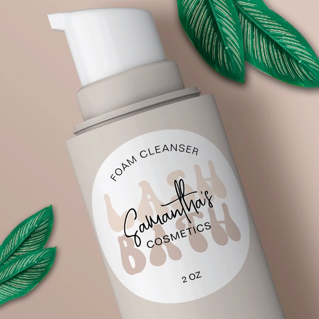 Adesivo Redondo Limpador de Extensões Lash de Letra Retroativa de  (Trendy beige and white lash bath labels with retro fonts and space for your brand name)