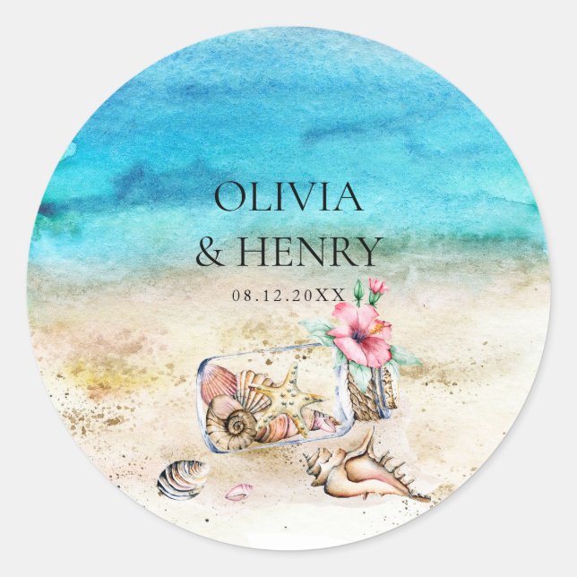 Adesivo Redondo Linda Aquarela Starfish Casamento Praia (Frente)