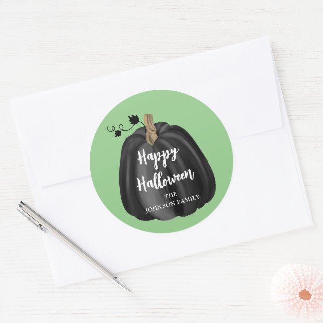 Adesivo Redondo Linda Escrita Verde Pumpkin Feliz Halloween (Envelope)