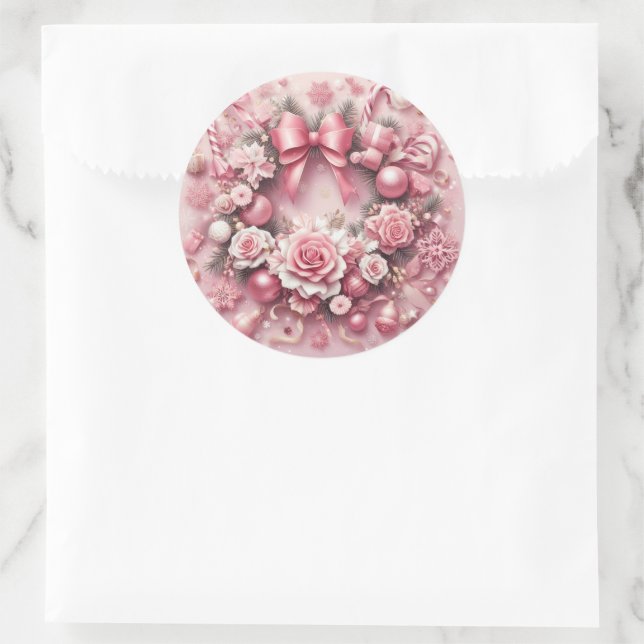 Adesivo Redondo Linda Fita de Natal Rosa, Fita Floral (Bolsa)