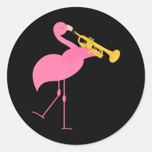 Adesivo Redondo Linda Flamingo Jogando Trompete Musical