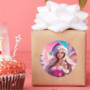 Adesivo Redondo Linda garota de Natal rosa 01