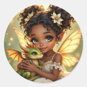 Adesivo Redondo Linda Garota Fada de Anime e Dragão Chibi