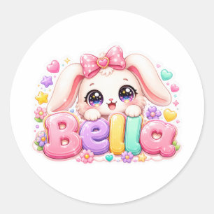 Adesivo Redondo Linda Kawaii Bella Bunny Nome Pastel Rosa Floral B