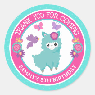 Adesivo Redondo Linda Llama Teal Floral de Aniversário de Primaver