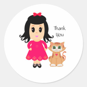 Adesivo Redondo Linda menina cor-de-rosa e um gatinho ruivo Obriga
