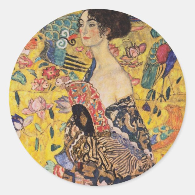 Adesivo Redondo Linda mulher com fã por Klimt (Frente)