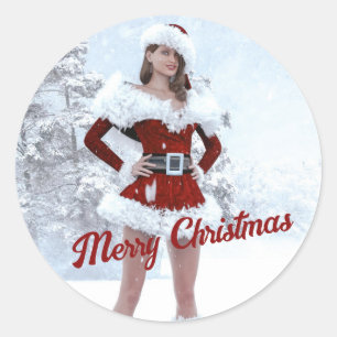 Adesivo Redondo Linda mulher de Natal sobre a neve do inverno