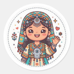 Adesivo Redondo Linda Mulher Kawaii Amazigh Marroquina com KhaStic