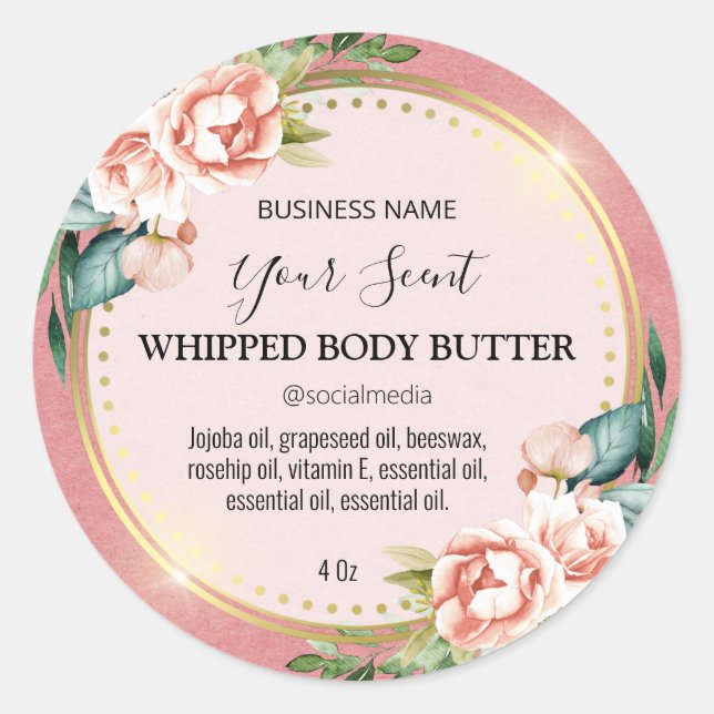 Adesivo Redondo Linda pintura rosa, Rosa de Manteiga de Pastel (Frente)