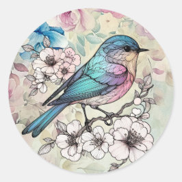 Adesivo Redondo Linda Primavera Aquarela Floral Pássaro