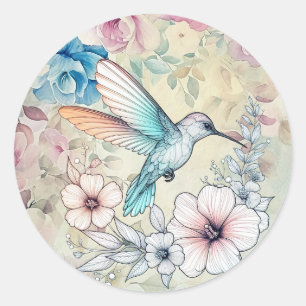 Adesivo Redondo Linda Primavera  Floral de Aquarela Beija-flor