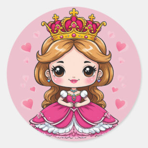 Adesivo Redondo Linda Princesa de Desenho Animado com Vestido Rosa
