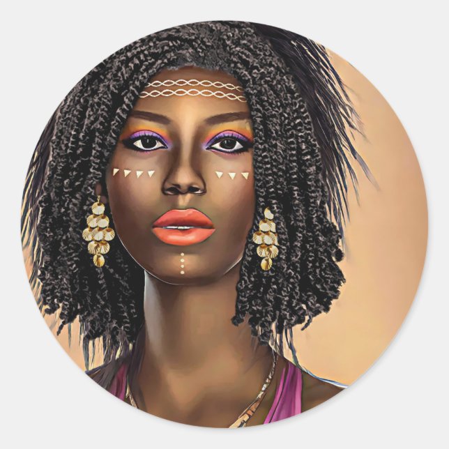 Adesivo Redondo Linda Princesa Negra-Africana Arte Mulher (Frente)
