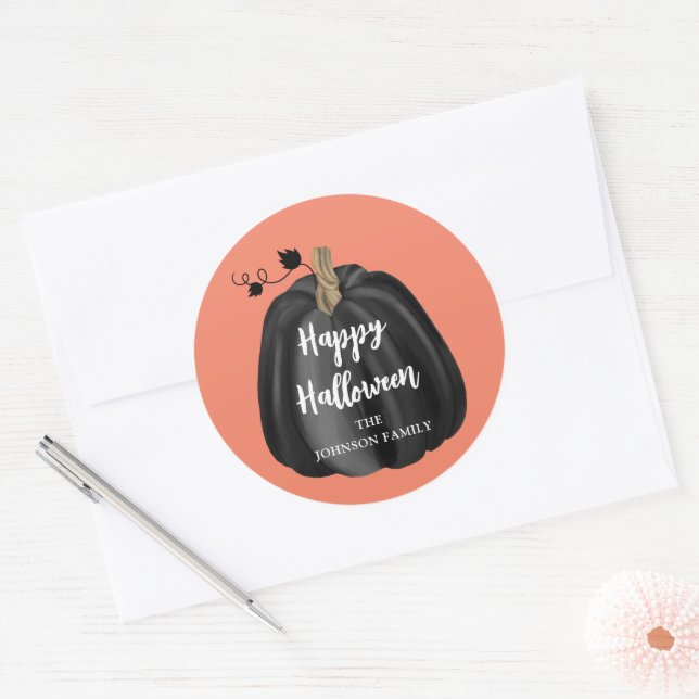 Adesivo Redondo Linda Roteiro Laranja Pumpkin Feliz Dia das Bruxas (Envelope)