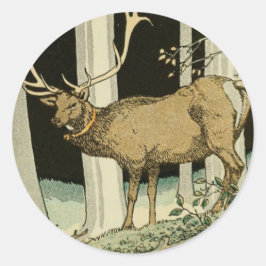 Adesivo Redondo Linda Vintage Elk Ilustração de Criaturas de Woodl