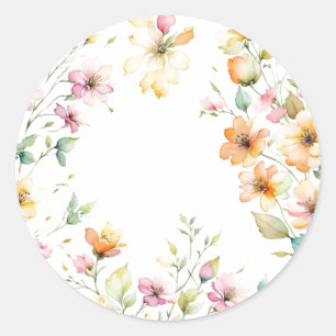 Adesivo Redondo Lindas Flores Silvestres Aquarela Laranja Rosa Boh
