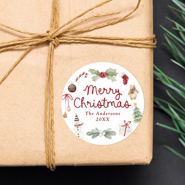 Adesivo Redondo Lindas Ilustrações em Aquarela Feliz Natal (Criador carregado)