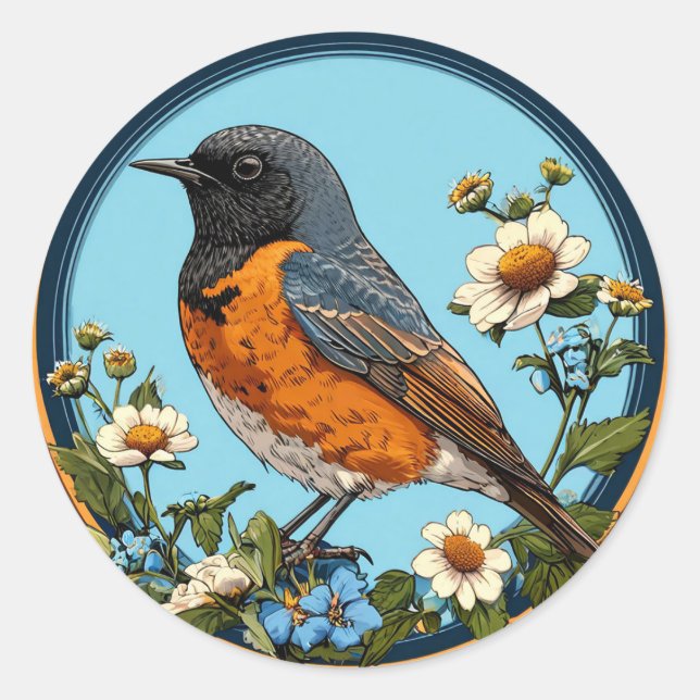 Adesivo Redondo 🐦 Lindíssimo Pássaro Preto Com Flores (Frente)