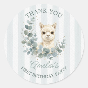 Adesivo Redondo Lindo Alpaca de Aquarela Aniversário Eucalipto