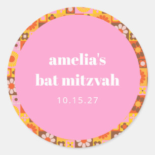 Adesivo Redondo Lindo Bat Mitzvah Personalizado Floral Retrô Rosa