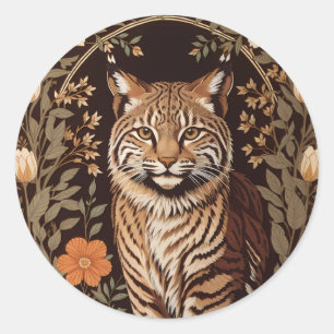 Adesivo Redondo Lindo Bobcat em Fundo Floral Marrom