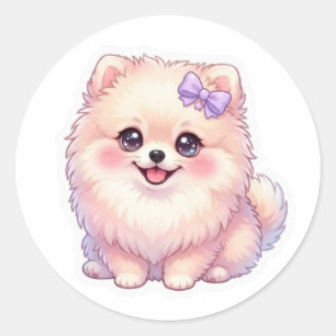 Adesivo Redondo Lindo Cachorrinho Pomerânia Kawaii Laço Roxo Paste