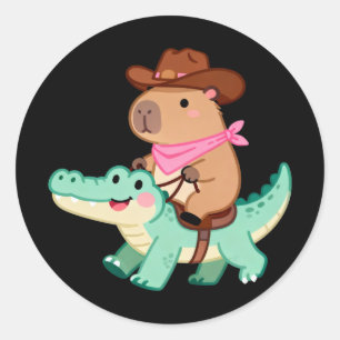 Adesivo Redondo Lindo Capivara de Cowboy Montando um Jacaré Wester