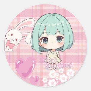 Adesivo Redondo Lindo Chibi Cabelo Verde