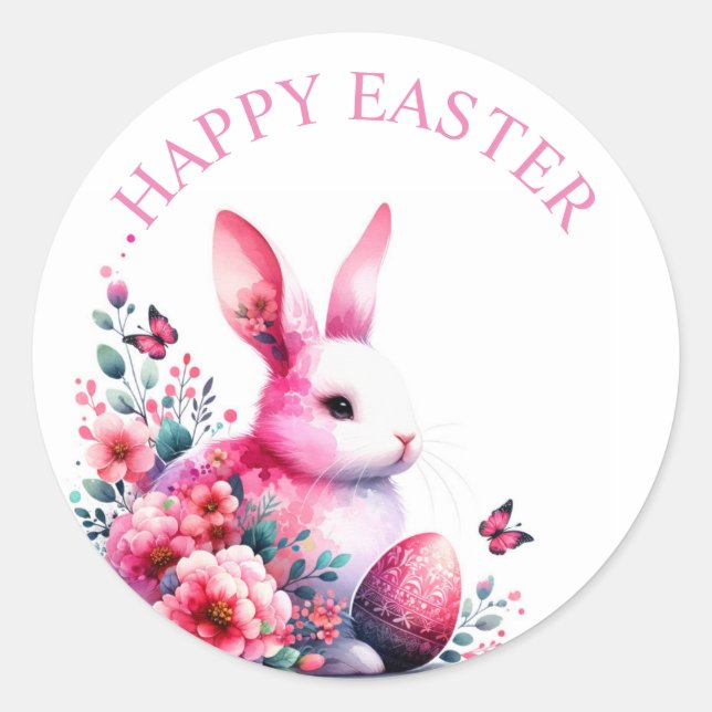 Adesivo Redondo Lindo Coelho Floral em Aquarela Feliz Páscoa (Frente)