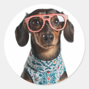 Adesivo Redondo Lindo Dachshund Pequeno Com Óculos Vermelhos