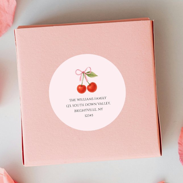 Adesivo Redondo Lindo endereço de devolução do Laço Cereja Coquete (Cute Cherry Bow Coquette return address Classic Round Sticker)