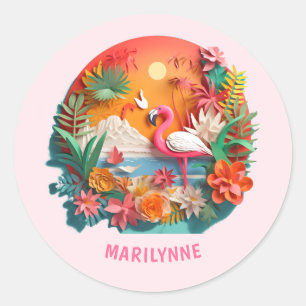 Adesivo Redondo Lindo Flamingo Rosa 3D de Volta às Aulas