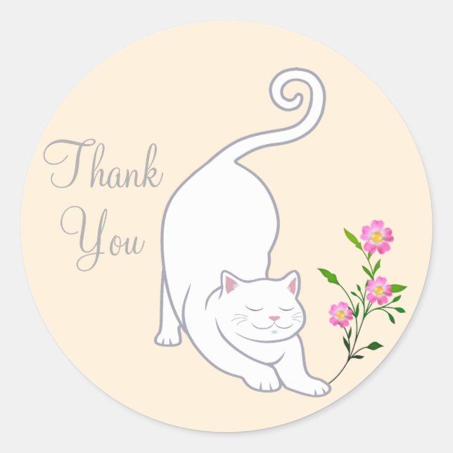 Adesivo Redondo Lindo gato branco com flores Obrigado (Frente)