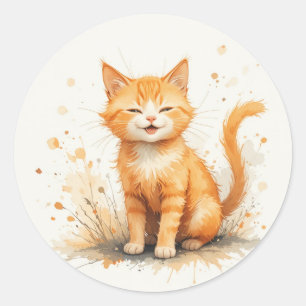 Adesivo Redondo Lindo Gato Laranja Sorridente Animal Pet Kitten