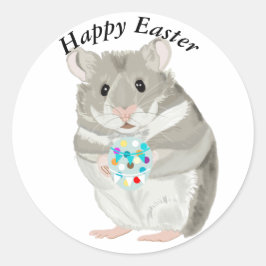 Adesivo Redondo Lindo Hamster Cinza Segurando um Ovo de Páscoa Edi