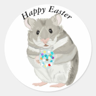 Adesivo Redondo Lindo Hamster Cinza Segurando um Ovo de Páscoa Edi