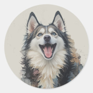 Adesivo Redondo Lindo Husky Feliz Animal de Estimação