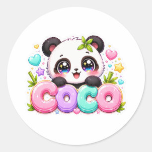 Adesivo Redondo Lindo Kawaii Coco Panda Nome Pastel Rosa Brilhante